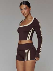 Musera Sport Scoop Front Contrast Colour Stripe Fitted Cropped Active Top Workout Gym Cute Pilates Fitness Daily Fall Winter - Mocha Brown - View 4