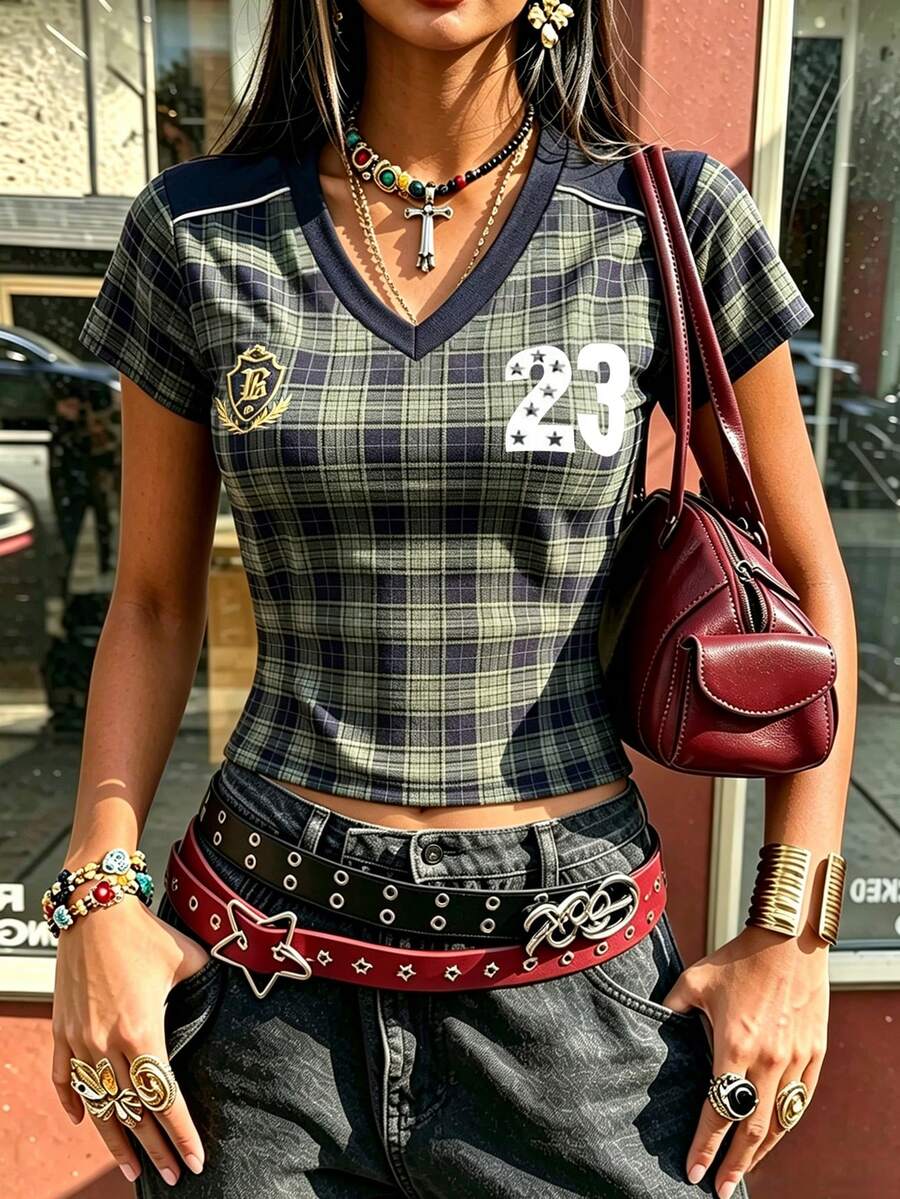 Rovax 女款格紋休閒V領修身短袖T恤 - 彩色 - 查看 1