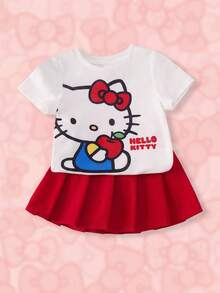 HELLO KITTY AND FRIENDS | SHEIN Set Kaos dan Rok Lipit Motif Kartun untuk Bayi Perempuan - Merah - View 1