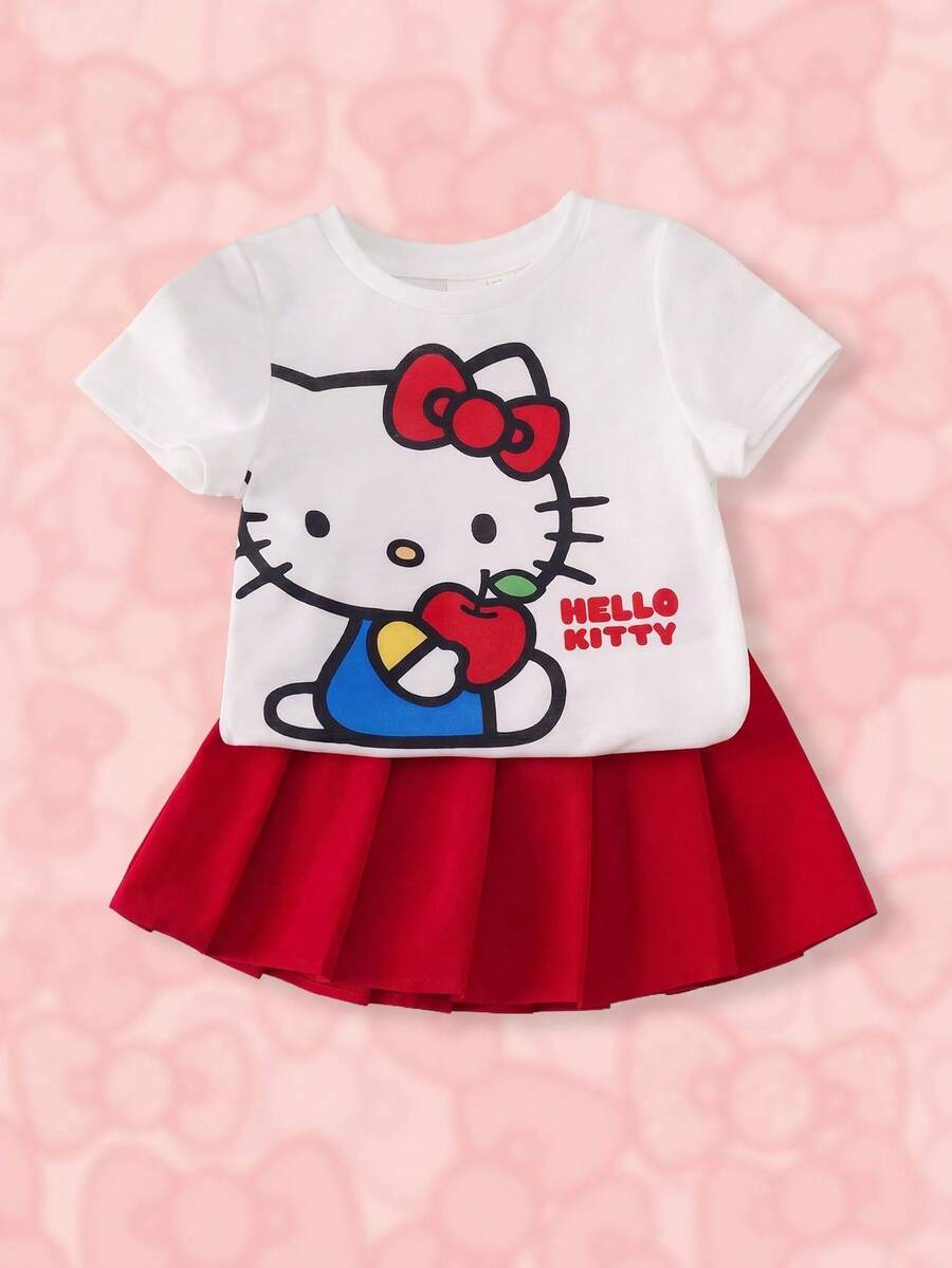 HELLO KITTY AND FRIENDS | SHEIN Set Kaos dan Rok Lipit Motif Kartun untuk Bayi Perempuan - Merah - View 1
