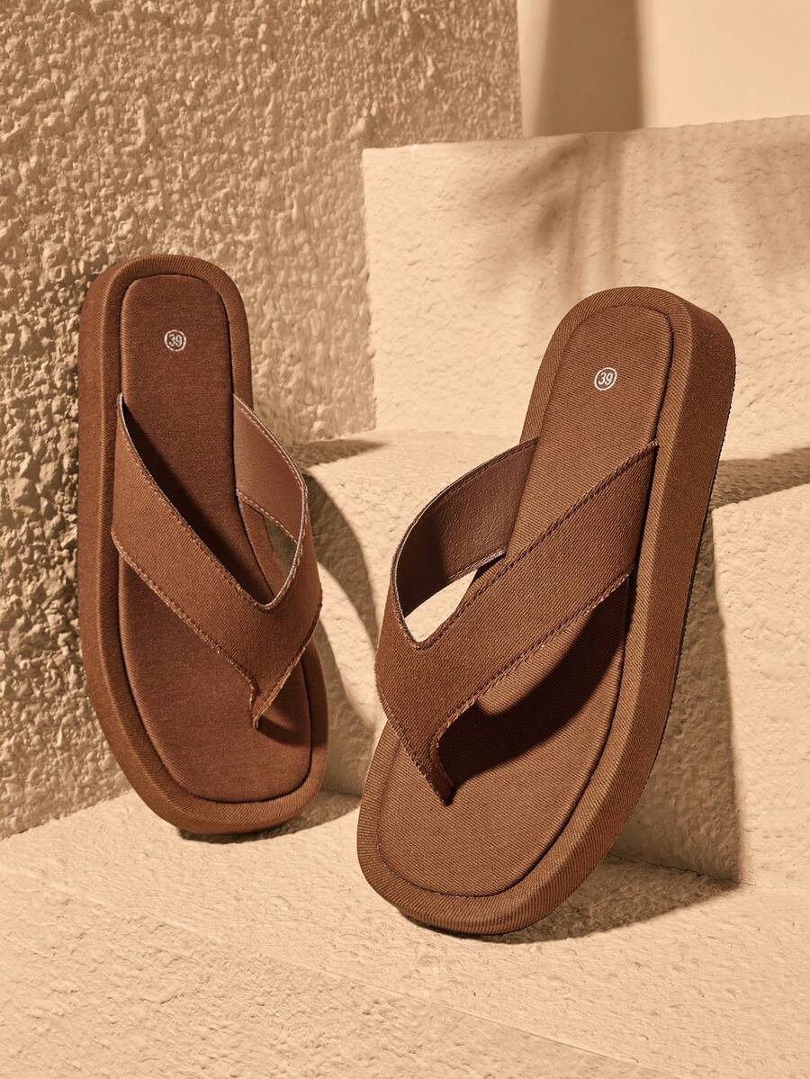HighSole 春夏新款寬版設計露趾厚底增高極簡風涼鞋 - 牛仔棕 - 查看 1
