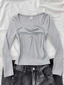 Tween Girl Tween Girl Tween Girls Lace Trim Patchwork Elastic Fitted Ribbed Long Sleeve T-Shirt - Grey - View 1