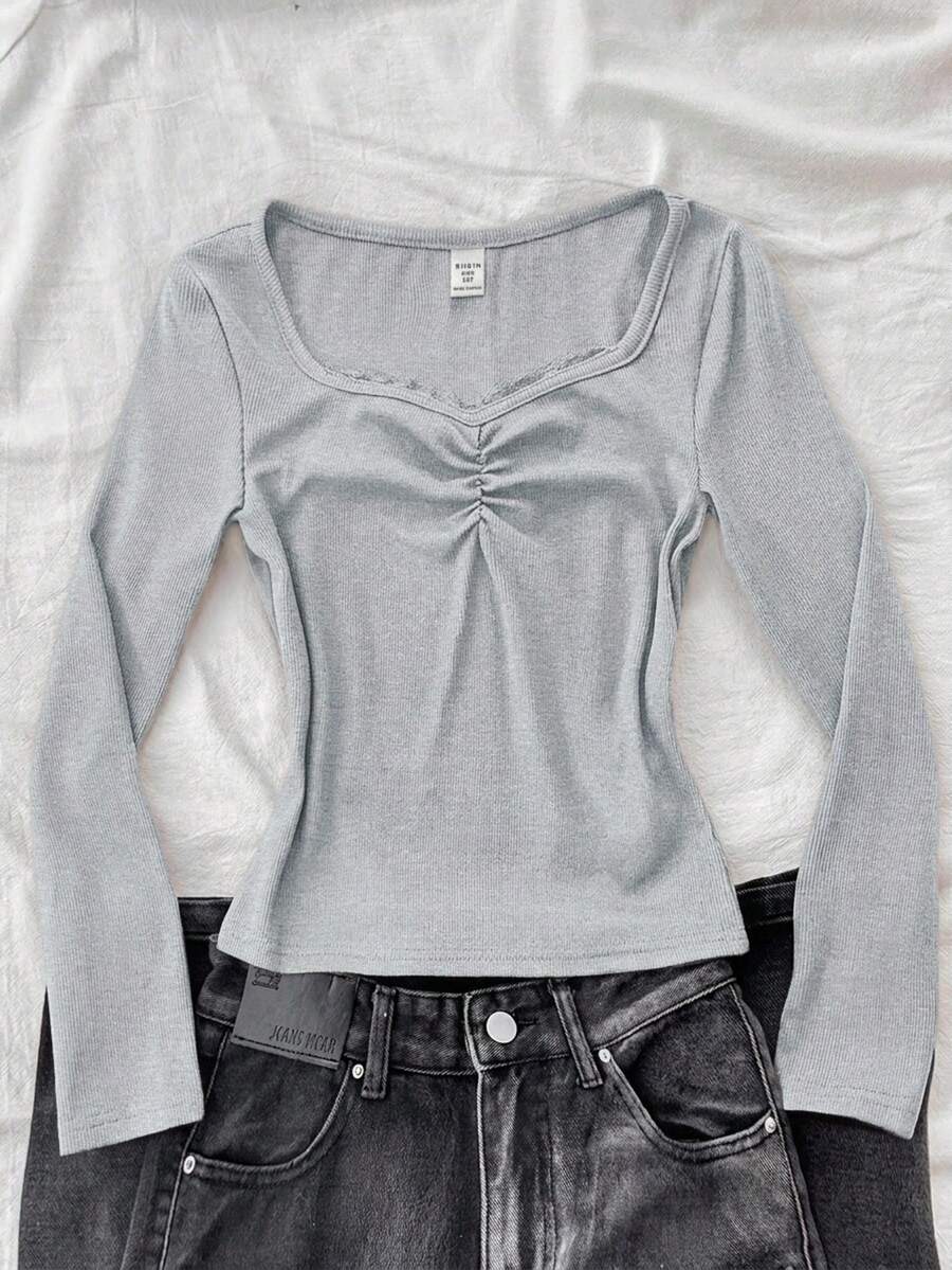 Tween Girl Tween Girl Tween Girls Lace Trim Patchwork Elastic Fitted Ribbed Long Sleeve T-Shirt - Grey - View 1