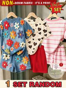 (Patrón Aleatorio, 1 Set Aleatorio) Camiseta Corta Básica y Shorts para Niñas con Diseño Fresco de Moda Minimalista, Rayas Rosas, Fresa, Leopardo, Lazo, Cereza y Patrón Floral Colorido - Multicolor - Ver 2