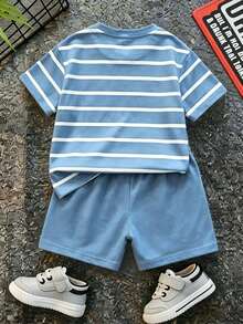 SHEIN LMoss Kids 男嬰休閒極簡卡通圖案短袖T恤與短褲套裝，適合夏季 - 彩色 - 查看 3