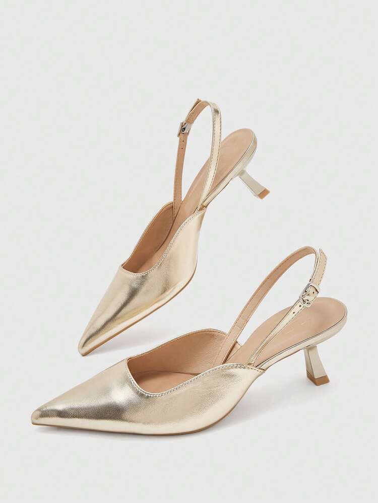 CUCCOO BIZCHIC Women's Gold Buckle Elegant Outdoor Pointed Toe Open Back High Heels, Suitable For Summer Graduation Prom, Vacation And Other Occasions, Combining Business Casual, Spring Break, Easter And Christmas Holiday Atmosphere. Kitten Heels - Gold 1 - View 6