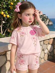 Summer Baby Girl Casual Multi-Piece Set, Brown & Apricot Leopard Print Cartoon Rabbit Pattern, Round Neck Short Sleeve T-Shirt & Shorts - Multicolor - View 1