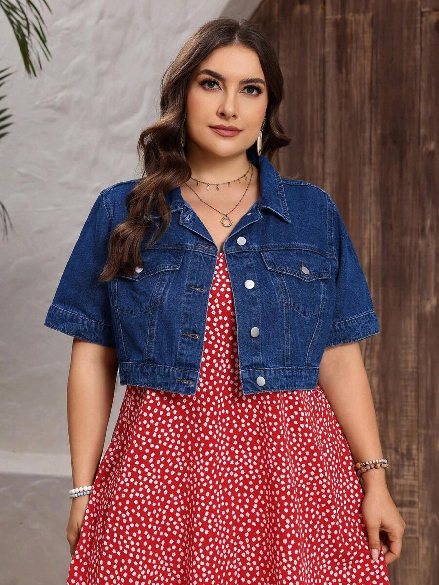 EMERY ROSE Plus Size Casual Cropped Denim Jacket For Vacation - Dark Wash - View 1