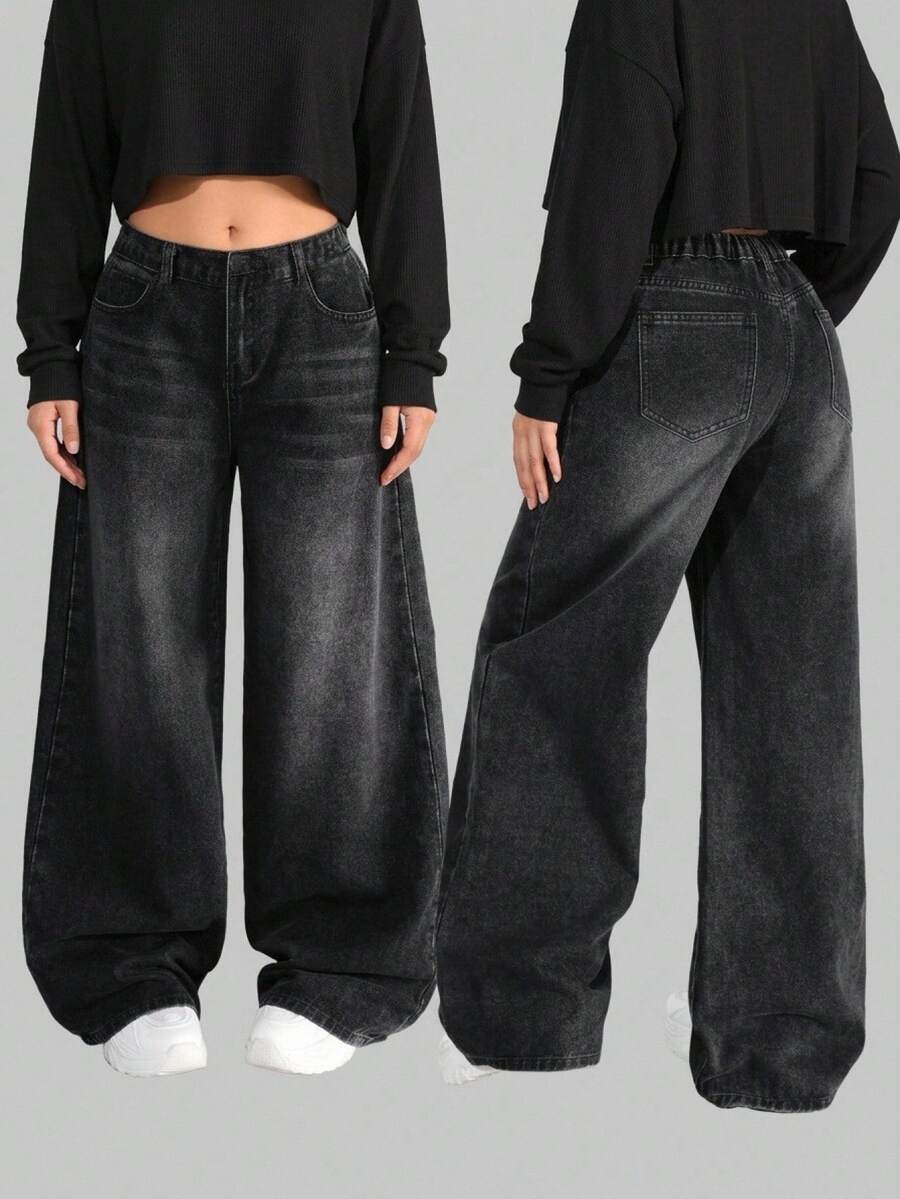 SHEIN Girlism 少女 Y2K 复古灰色水洗低腰斜口袋休闲阔腿宽松牛仔裤,女孩街头服饰 - 黑色 - 查看 1