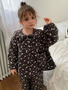 Hapijoa Girls' 2 Pieces Peter Pan Collar Princess Floral Long Sleeve Straight Leg Pants Set, Autumn/Winter Loungewear (Small) - Camel - View 4