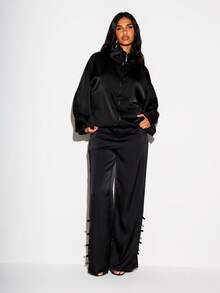 KIZN Satin Bomber Jacket With Mandarin Collar Frog Clasp Closures Oversized Fit Blouson Sleeves Luxe Finish - Black - View 4