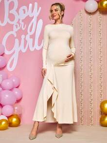 Loomaby Maternity Solid Color Round Neck Long Sleeve Ruffle Hem Split Hem Dress Dress Gender Reveal Dress Maternity Dress Baby Shower Dress Fall - Khaki - View 10