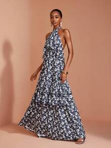 JIAN LASALA Knit Halter Neck Sleeveless Double Ruffle Layers Cold Shoulder Long Dress Elegant Tropical Jamaican Vacation Garden Party Navy Blue Floral Summer - Multicolor - View 4