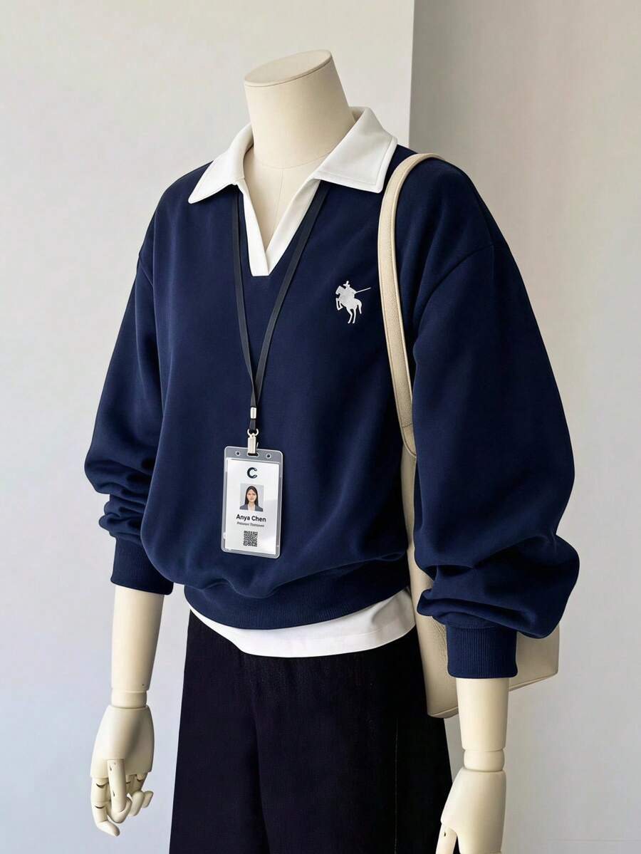 SHEIN 青少年女孩幾何刺繡落肩套頭毛衣，厚內裡保暖返校穿搭，秋季適用 - 寶藍色 - 查看 1