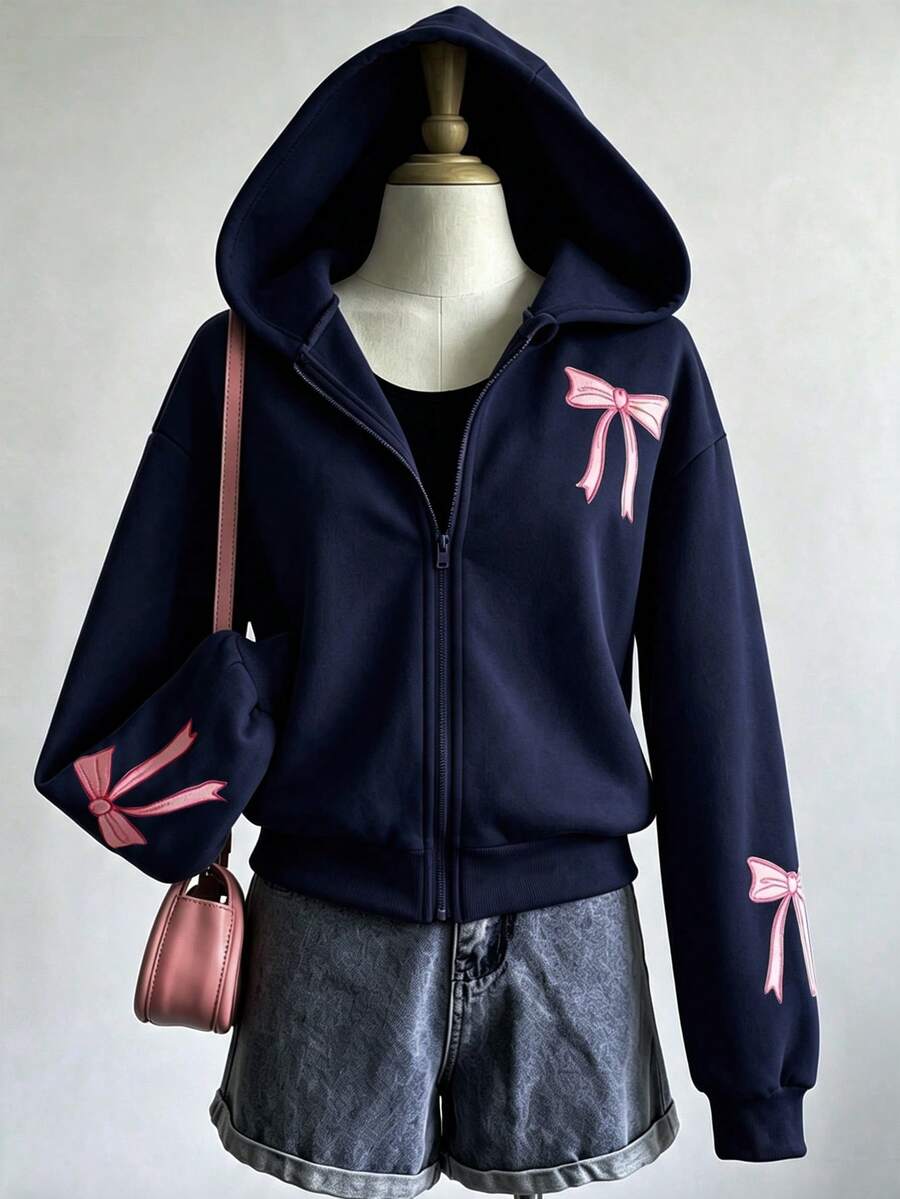 SHEIN 青少年女孩長袖秋冬純色時尚可愛街頭風蝴蝶結衛衣外套，舒適抓絨布料，時尚袖口粉色