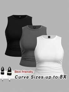 SHEIN CURVE+ 3件組女款大尺碼純色休閒圓領背心上衣套裝，適合四季穿著 - 彩色 - 查看 2
