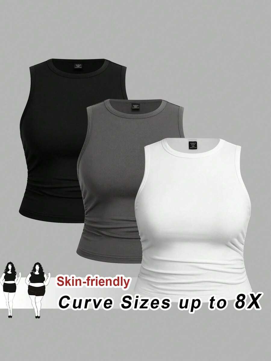 SHEIN CURVE+ 3件組女款大尺碼純色休閒圓領背心上衣套裝，適合四季穿著