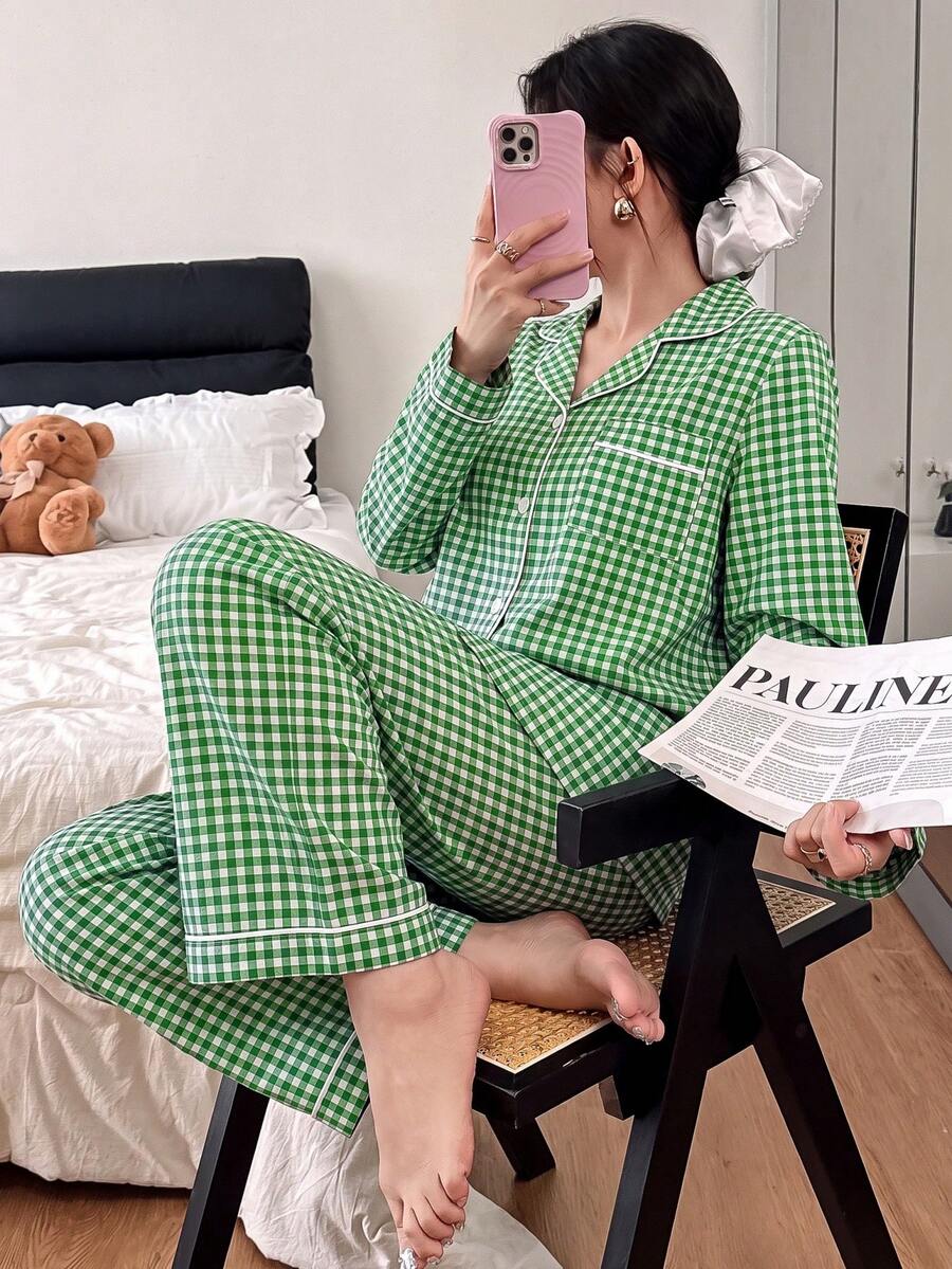 Napfluff Bubble Crinkle Plaid Lapel Front Button Long Sleeve Long Pants Pajama Set - Multicolor - View 1