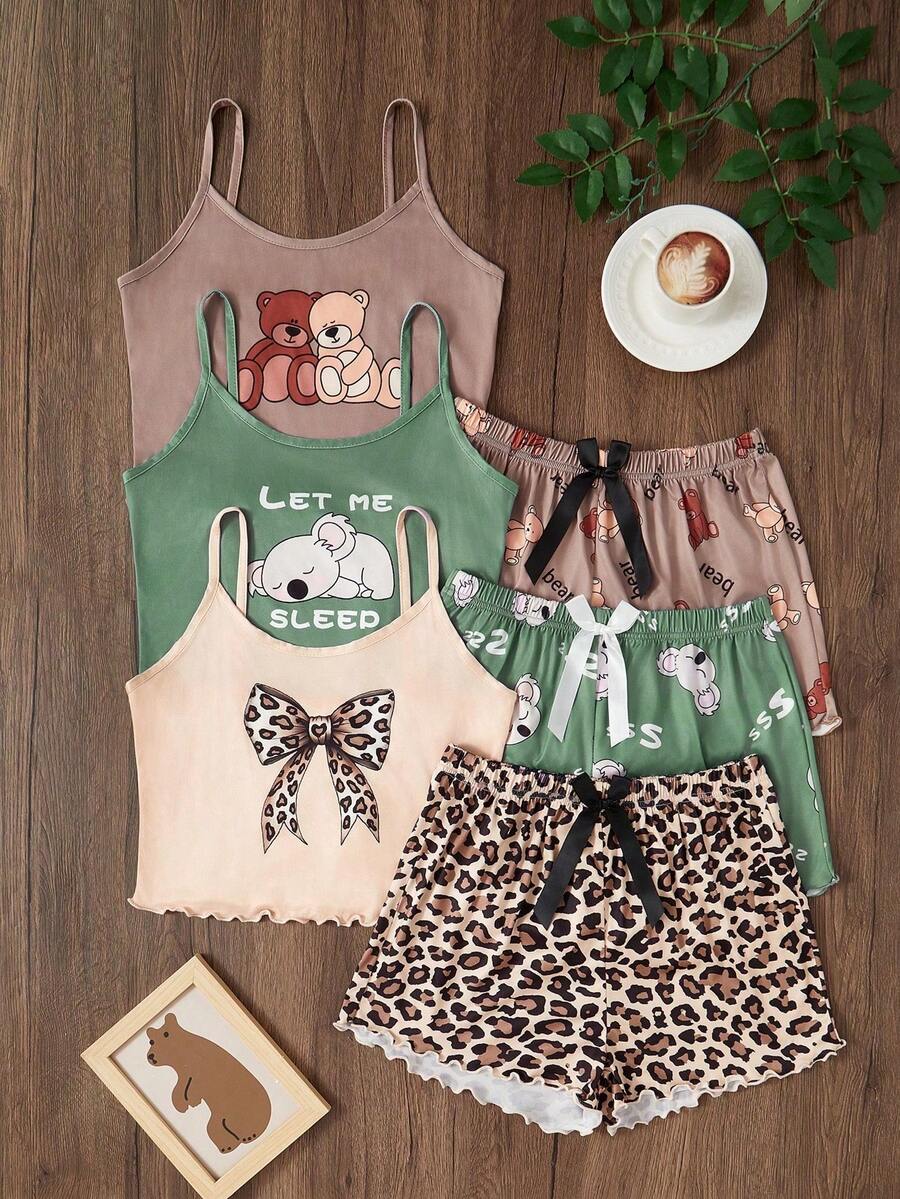 Snug Zone 3pcs/Set Cartoon Print Cami Top And Shorts Pajama Set Summer Sleep Wear Sets Cami Sets - Multicolor - View 1