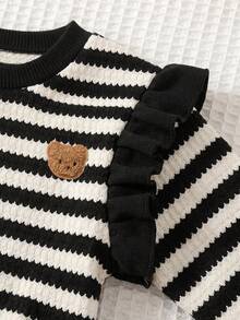 Cozy Pixies Baby Girl Toddler Girl Cartoon Animal Embroidered Patch Pattern Knitted Soft Striped Round Neck Long Sleeve Ruffle Sleeve Pullover Sweatshirt Elastic Waist Slim Fit Long Pants 2-Piece Set Cute Outfit - Black and White - View 7
