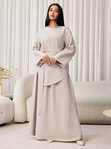 Veilorie Women's Solid Color Round Neck Long Sleeve Shirt And Skirt Casual 2-Piece Set - Grey - View 4