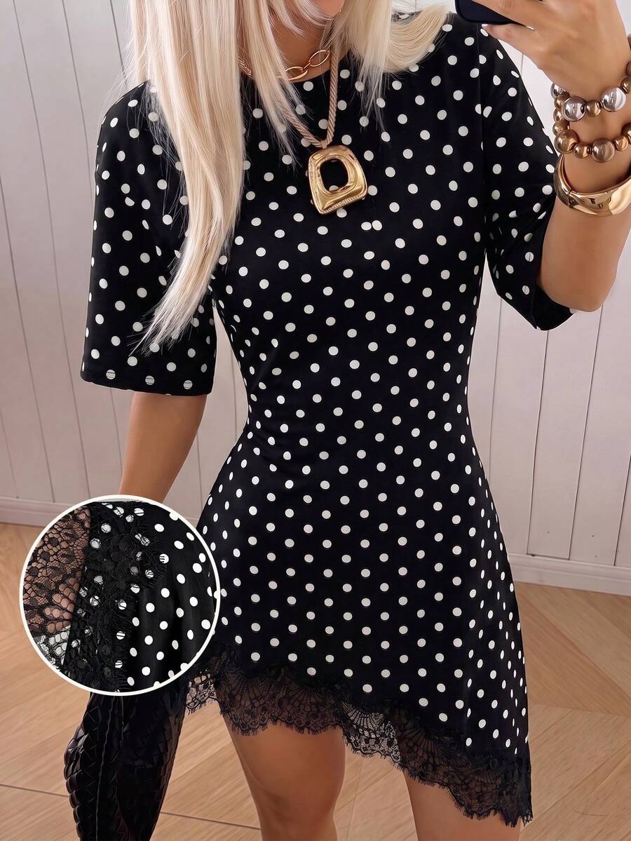 SHEIN EZwear 復古黑白波點針織蕾絲拼接緊身洋裝(女款),秋季上衣,派對早午餐,夏季,聖誕節,新年,優雅 - 彩色 - 查看 1