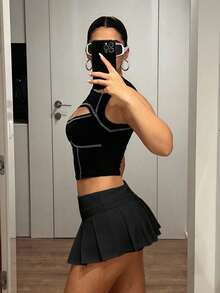 SHEIN ICON 性感鏤空扣環辣妹開衩百褶裙褲 - 黑色 - 查看 6
