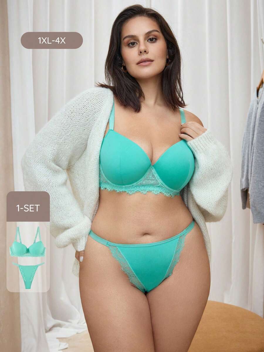 Bralution Conjunto de lencería sexy para uso diario para mujer talla grande con sujetador de tirantes ajustables con ribete de encaje y braguita triangular - verde menta - Ver 1