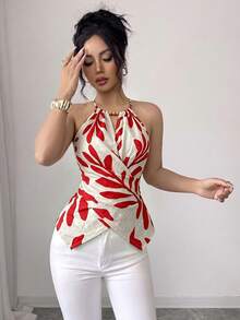 Elenzga 女士夏季优雅通勤休闲杏色底叶印花无袖露背蝴蝶结领口木珠装饰不对称下摆腰部交叉系带修身显瘦吊带背心 - 紅色 - 查看 4