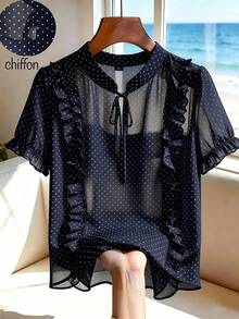 SHEIN French Polka Dot Stand Collar Frill Trim Short Sleeve Chiffon Blouse, Sweet Ruffle Short Sleeve Shirt Top - Navy Blue - View 6