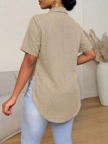 Xyvia Women's Solid Color Short Sleeve Single-Breasted Casual Shirt - Apricot - View 2