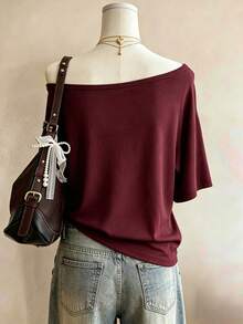 Lalippa Kaos Wanita Minimalis Modis Leher Bulat Motif Daun Maple Aneka Warna, Hadiah untuk Teman - Burgundy - View 2