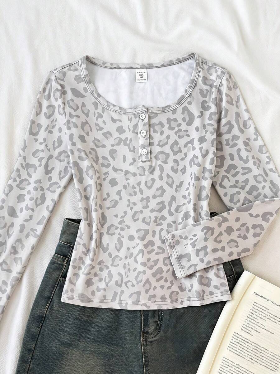 SHEIN Kids Tween Girl Autumn/Winter Retro Leopard Print Pattern Half-Button Long Sleeve Fitted T-Shirt, Spring/Summer Style, Autumn Top - Light Grey - View 1