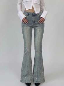 DAZY Women's Rhinestone Embellished Korean Style Flared Petite Jeans Petite - Blue - View 5