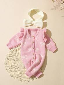 SHEIN 0-3 Months Baby Girl Knitted Romper, Button Front, Bow Tie, Newborn Photography Outfit - Baby Pink - View 3