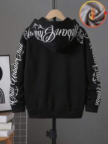SHEIN Little Byeori 青少年男孩黑色極簡剪影手寫字母花卉連帽衛衣，休閒學院風，舒適時尚，簡約實用百搭，柔軟面料，適合日常穿著、上學、旅行、戶外運動，秋冬季 - 黑色 - 查看 3