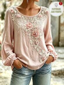 Breezaya Women's Round Neck Floral Pattern Casual Romantic Elegant Versatile Daily Wear Long Sleeve Top Date Rose Pink Autumn - Pink - View 1