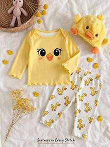 Newborn Baby Girl Cute Cartoon & Floral Pattern Long Sleeve Loungewear Set - Multicolor - View 3