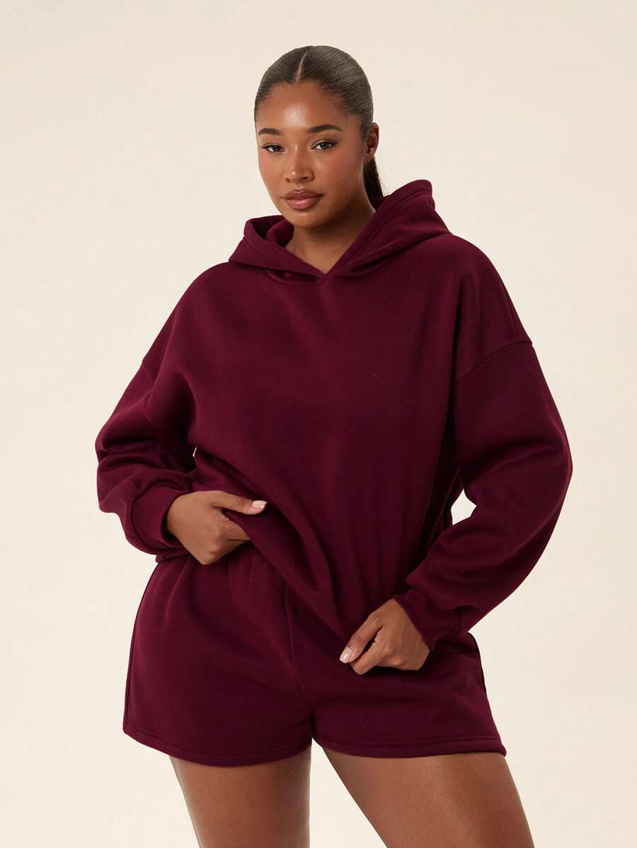 Levarali Plus Size Women's Sports Set Hooded Sweatshirt + Shorts 2 Pieces Set, Autumn/Winter Outfit Fall - Burgundy - View 1