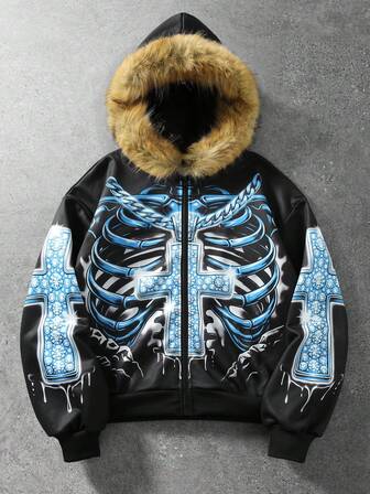 Men's Visual Style Cross Skull Gothic Print Streetwear Sweatshirt Fur Hooded Sweatshirt