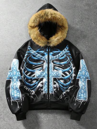 Herren Visual Style Cross Skull Gothic Muster Streetwear Sweatshirt mit Fellkapuze