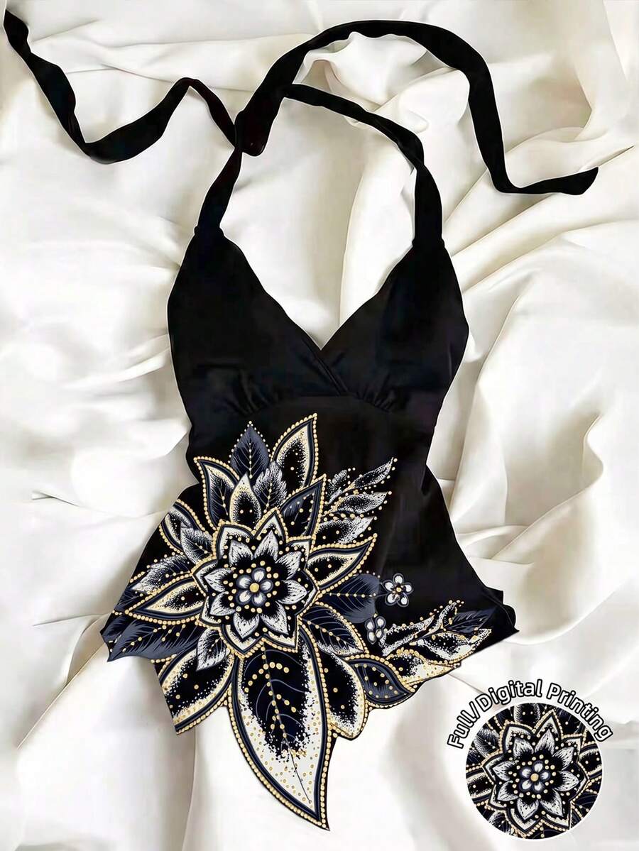 Franclia 女款花卉印花掛脖度假上衣,黑色花卉夏季熱帶歐風早午餐穿搭 - 黑色 - 查看 1