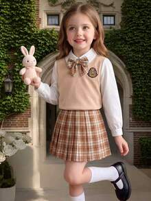SHEIN Elladie kids 少女棕色格紋 2 合 1 英式學院風百褶裙套裝，翻領長袖內搭上衣 + 白色背心一體式設計，蝴蝶結，秋季 - 卡其色 - 查看 4
