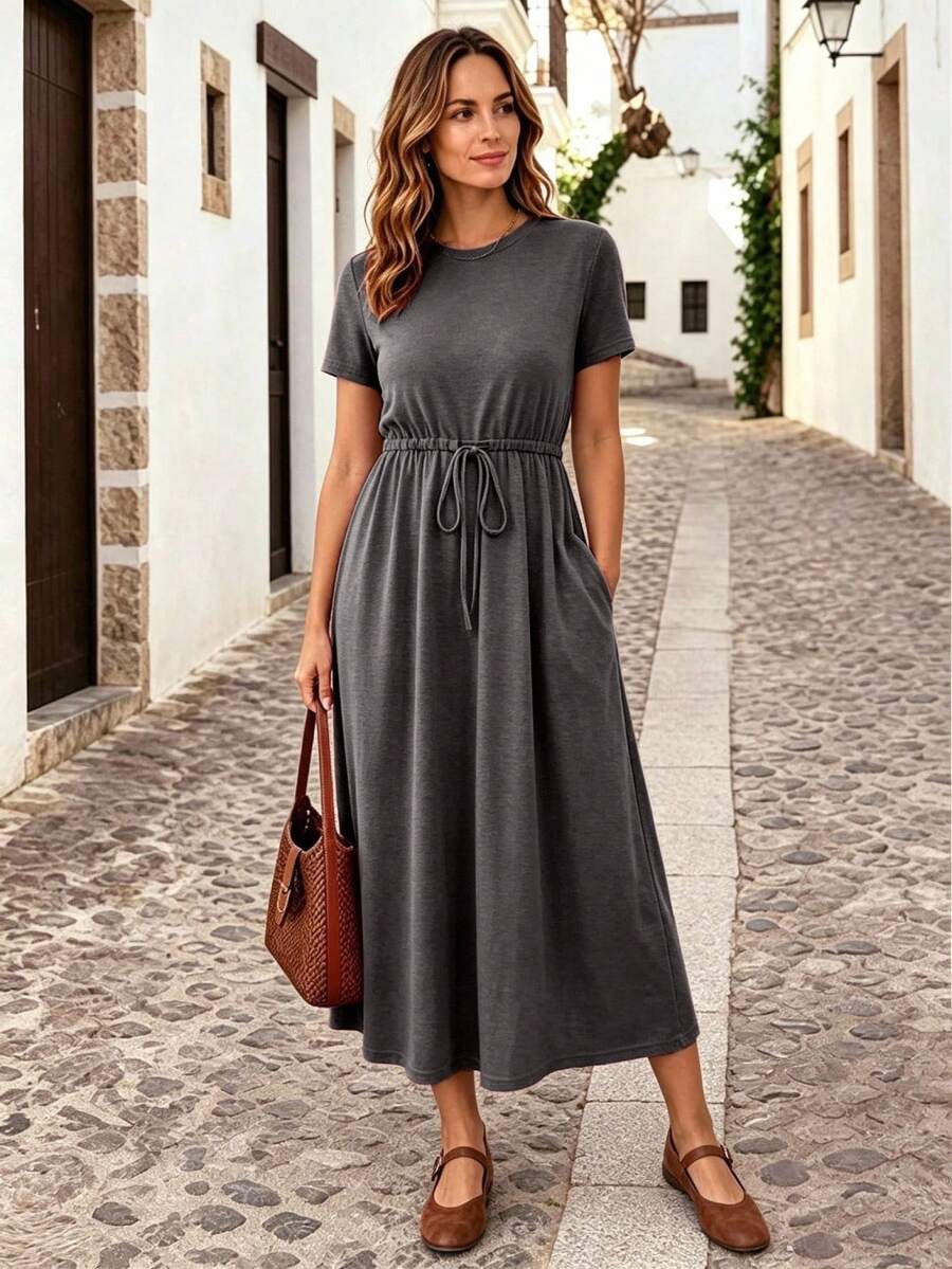 SHEIN Essnce Gaun Wanita Lengan Pendek Kasual Kerah Bulat Warna Polos dengan Kantong Lipat - Dark Grey - View 1