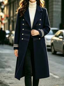 SHEIN Autumn/Winter Thick Navy Blue Wool Pocket Double-Breasted Long Sleeve Loose Casual Navy Style Wool Coat For Office And Outdoor - Navy Blue - View 7