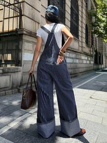 StreetHx Women's Striped Fashion Pocket Button Loose Denim Overalls - Navy Blue - View 2