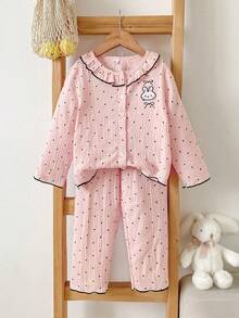 2pcs/Set Spring Autumn Winter Girls Toddler Home Wear Soft Comfortable Pink Double Layer Crepe Fashion Black Polka Dot Print With Cute Bunny Bow Embroidery Black Contrast Trim Ruffle Collar Long Sleeve Cardigan And Long Pants Set Early Autumn Thin Loungewear Pajamas - Baby Pink - View 1