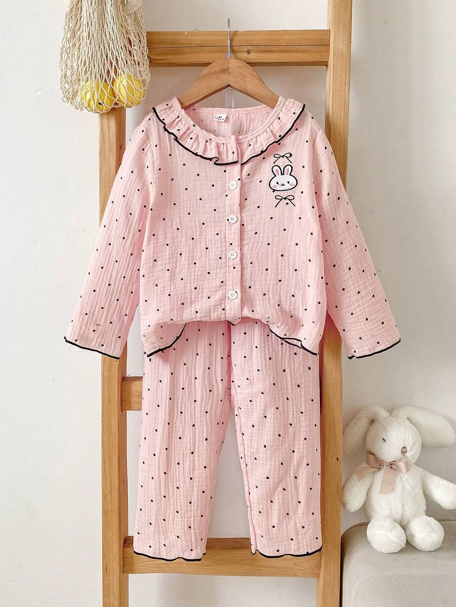 2pcs/Set Spring Autumn Winter Girls Toddler Home Wear Soft Comfortable Pink Double Layer Crepe Fashion Black Polka Dot Print With Cute Bunny Bow Embroidery Black Contrast Trim Ruffle Collar Long Sleeve Cardigan And Long Pants Set Early Autumn Thin Loungewear Pajamas - Baby Pink - View 1