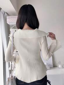 FRIFUL Women's Solid Color Casual French Elegant Versatile Daily Brunch Cardigan Cream White Autumn Brunch - Apricot - View 3