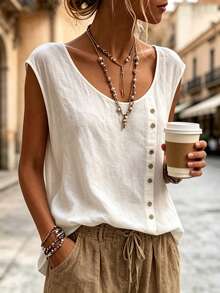 SHEIN Casual Solid Color Shirt, Versatile For Summer - White - View 3